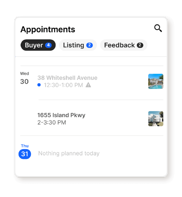 Home-showing scheduling app on mobile device, featuring Appointments screen for Associations & MLSs