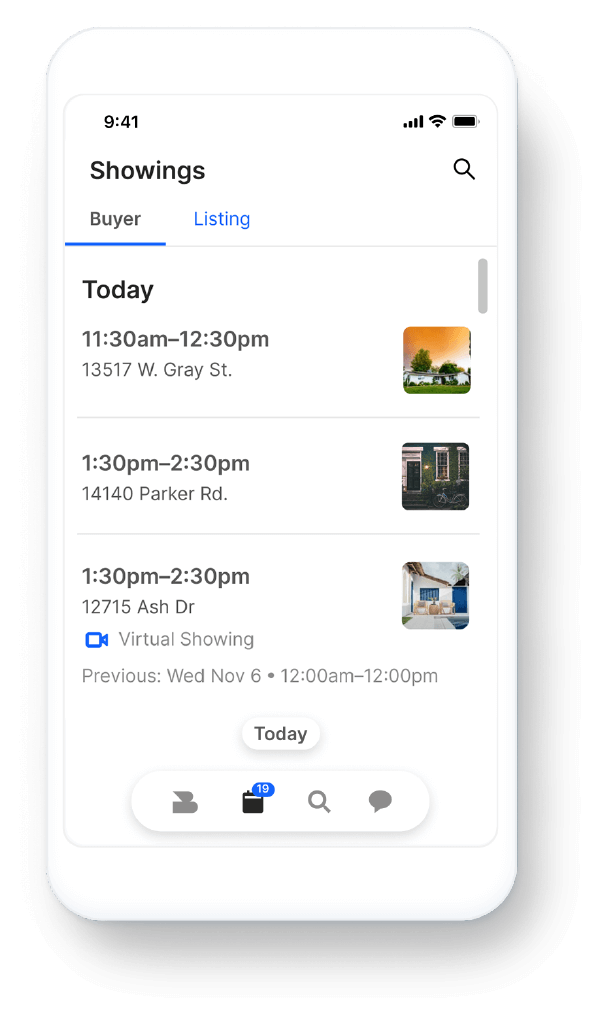 Home-showing scheduling app on mobile device, featuring Showings screen for real estate agents