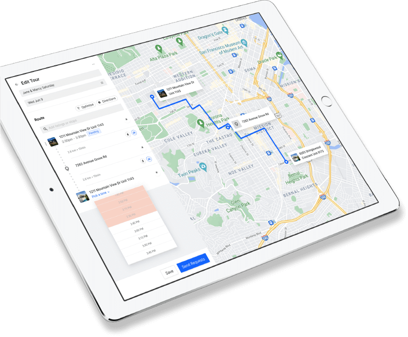 Map with a real estate tour route and map on tablet
